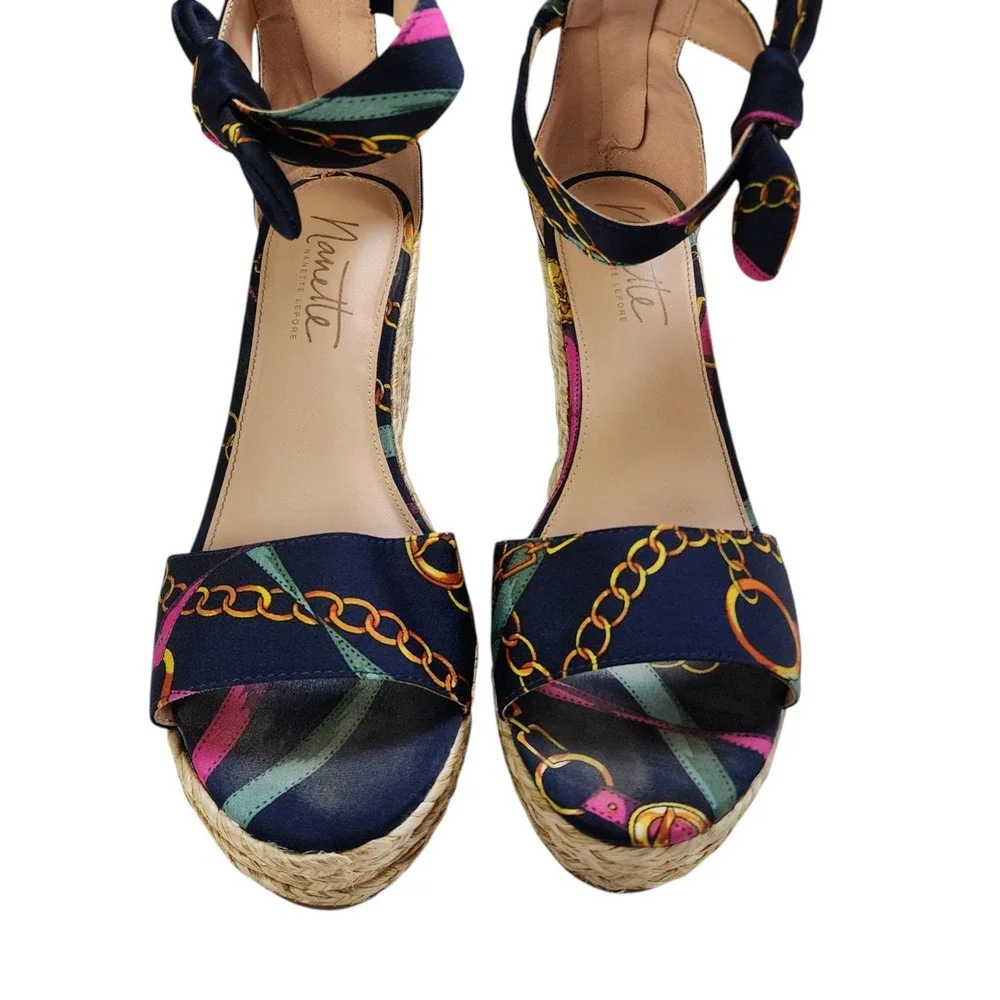 Nanette Lepore Womens Symphony Espadrille Wedge Sandal Size 8.5 Navy Chain Print